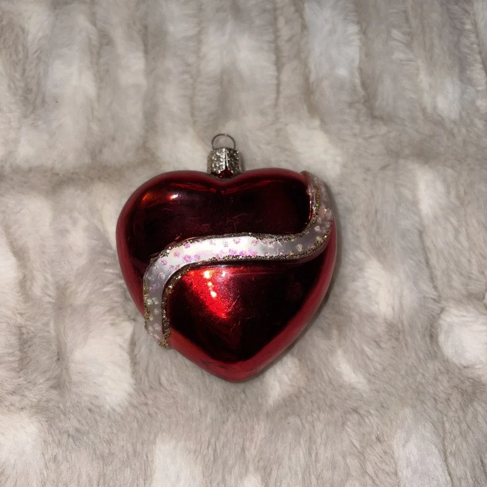 Blown Glass Red Heart Ornament Pink Ribbon Glitter